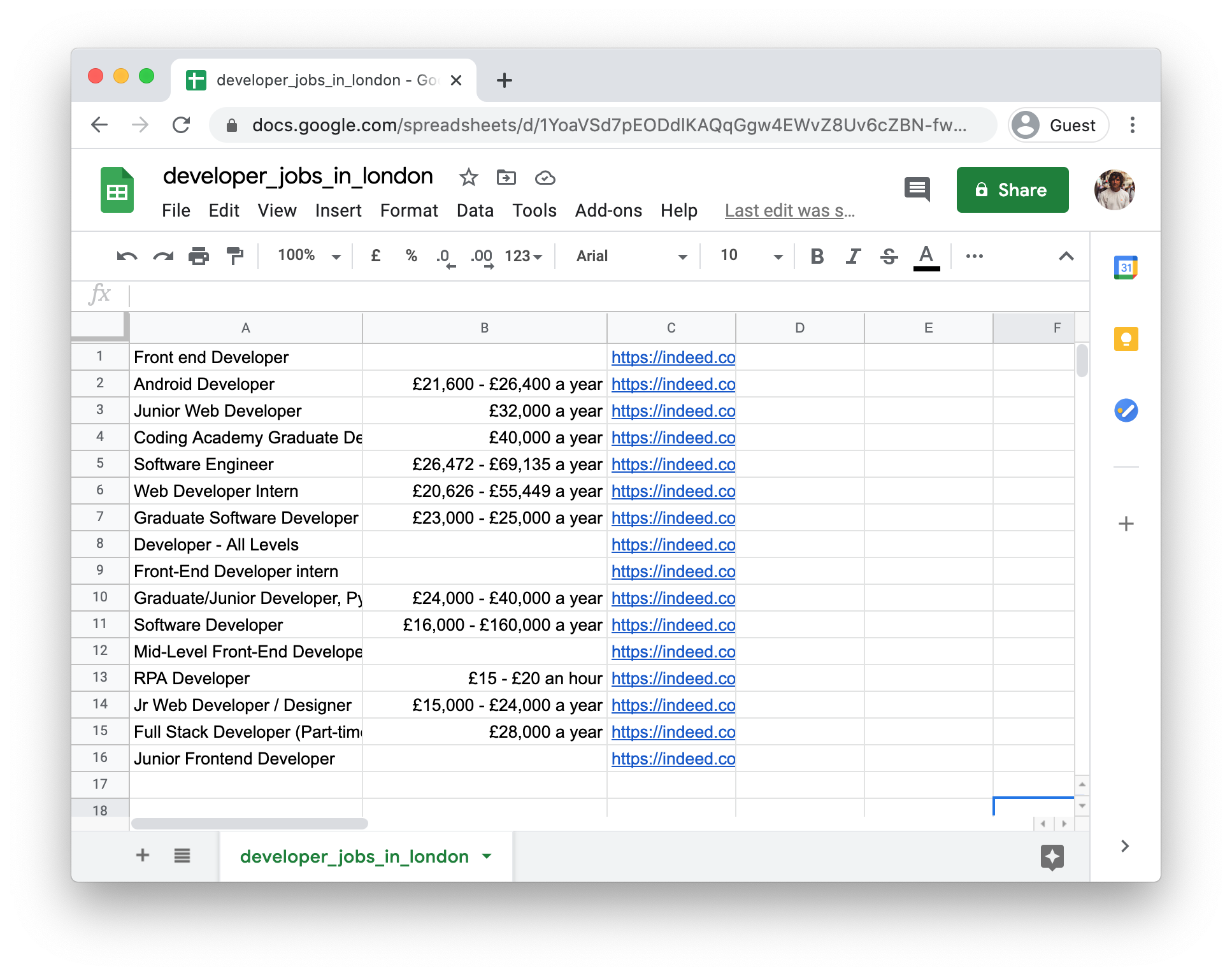 Developer jobs in London spreadsheet